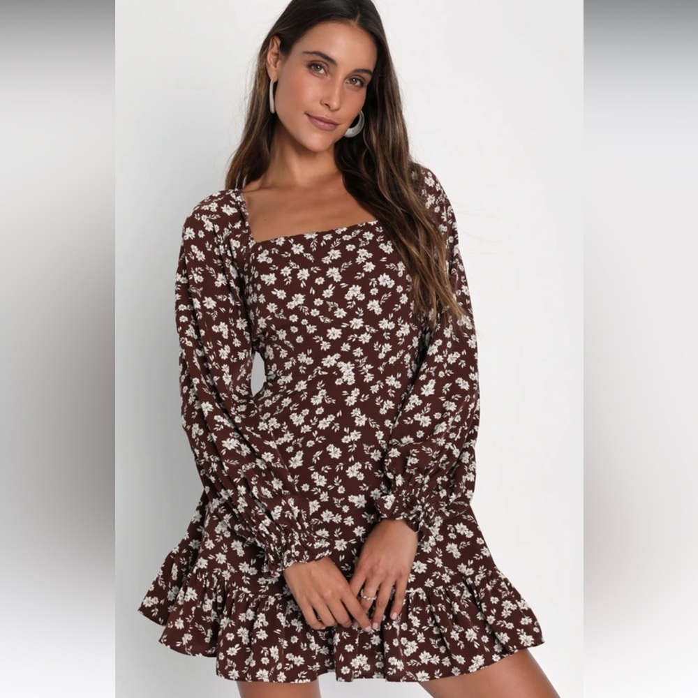 Lulu's Brown Floral Long Sleeve Dress